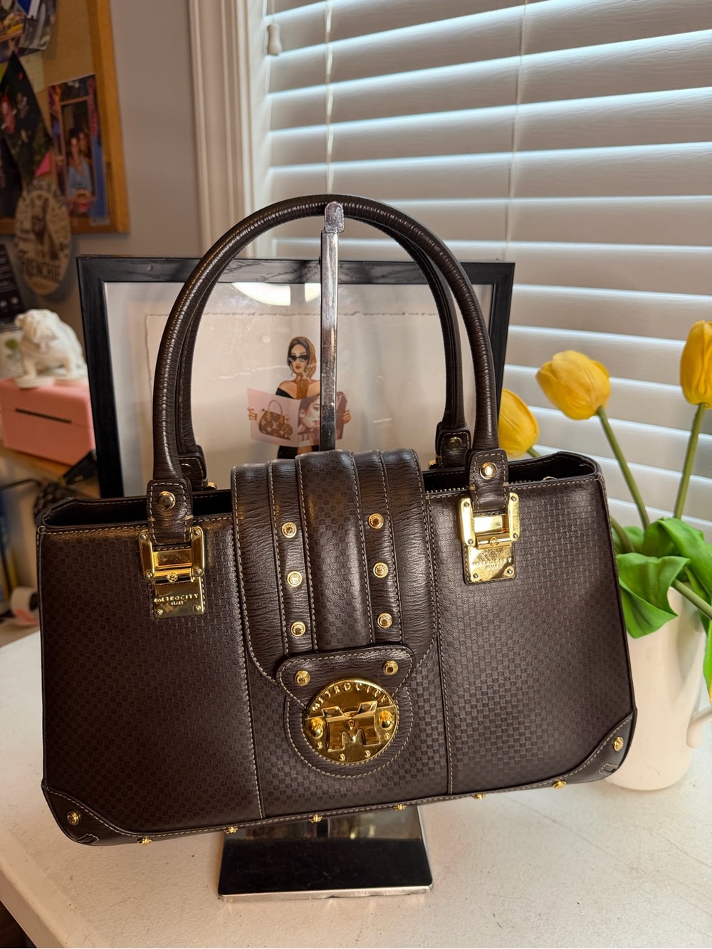 Metro City Brown Monogram Structured Satchel Tote w/ Dust Bag